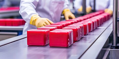 Fototapeta premium A worker in protective gear arranges bright red packages on a conveyor belt in a factory setting.