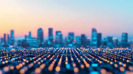 fiber optic installation concept. City skyline with lights glowing at dusk, creating a vibrant urban atmosphere.