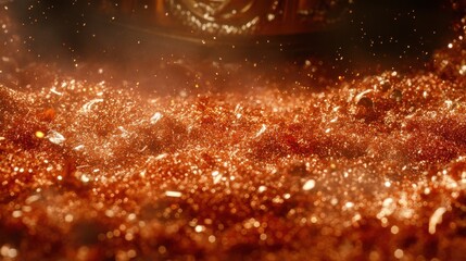 Sparkling Amber Glitter in a Dreamy Scene with Soft Bokeh and Shimmering Light Reflections Creating a Magical and Enchanting Atmosphere