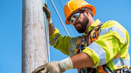 fiber optic installation concept. Worker in safety gear installs equipment on a utility pole under a clear blue sky.