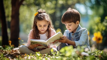 Children, books and lying in park with friends, learning or diversity for reading at school playground. Kids, education or study with support, mockup space or solidarity at multicultural kindergarten