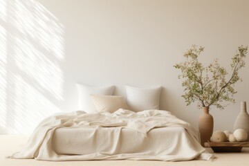 White pillows on wooden bed in minimal bedroom interior with plants and round rug. Real photo