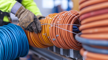 fiber optic installation concept. Worker organizing colorful cables in a warehouse environment.