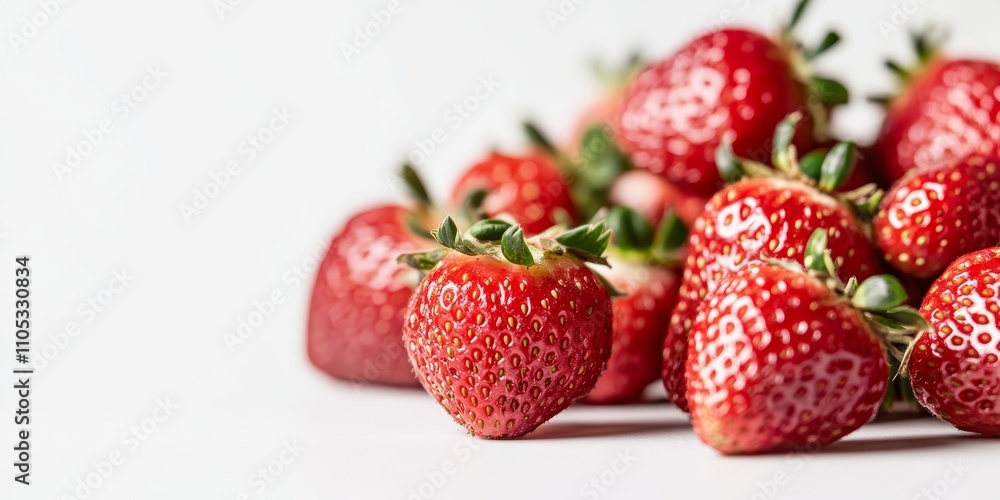 Poster close up view of fresh strawberries resting on a white background, showcasing the vibrant color and 