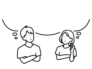 考える、想像する医師と女医のイラスト　線画のみ