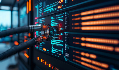 fiber optic installation concept. High-tech data cables connected to a digital interface with glowing graphics.