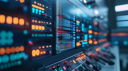 fiber optic installation concept. High-tech server room with illuminated control panels and data displays in a modern setup.