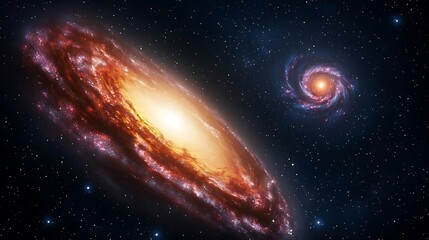 Fototapeta premium A stunning cosmic scene featuring two galaxies in vibrant colors against a backdrop of deep space, showcasing the beauty of the universe.