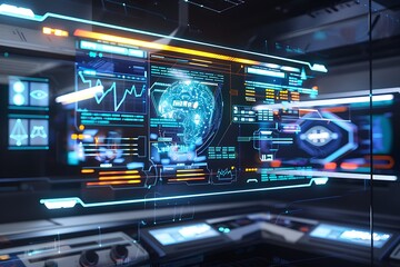 Obraz premium A holographic display showcases complex data visualizations, including graphs and a neural network representation. Futuristic technology and advanced data analysis are depicted.