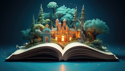 3D pop-up book with illustration on the theme of a castle and a fairy tale. fairytale 3d castle stands on an open book.