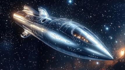 Sleek silver spaceship reflecting starlight as it travels through empty space