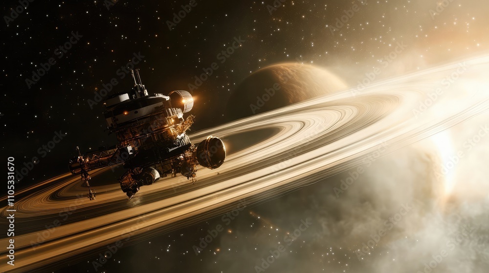 Poster small exploratory spaceship hovering near a gas giant with rings and swirling clouds
