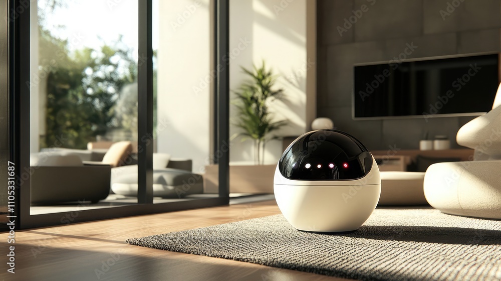 Poster small personal assistant robot with friendly lights and display in a modern home