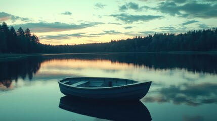 Small boat on a calm lake at sunset, representing introspection