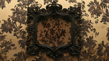 Obraz premium Ornate Black Frame Adorns a Vintage Floral Wallpaper with Intricate Details
