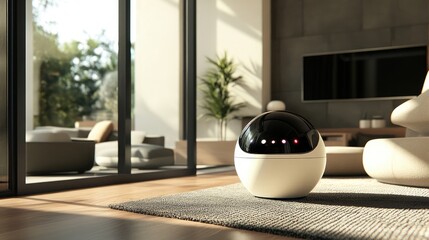 Small personal assistant robot with friendly lights and display in a modern home