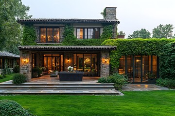 Elegant outdoor dining with garden views and ambient lights at dusk