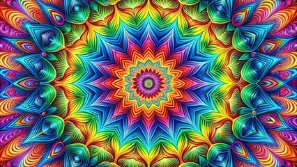 Vibrant Kaleidoscopic Mandala Design Featuring Intricate Floral Patterns and a Spectrum of Bold Colors