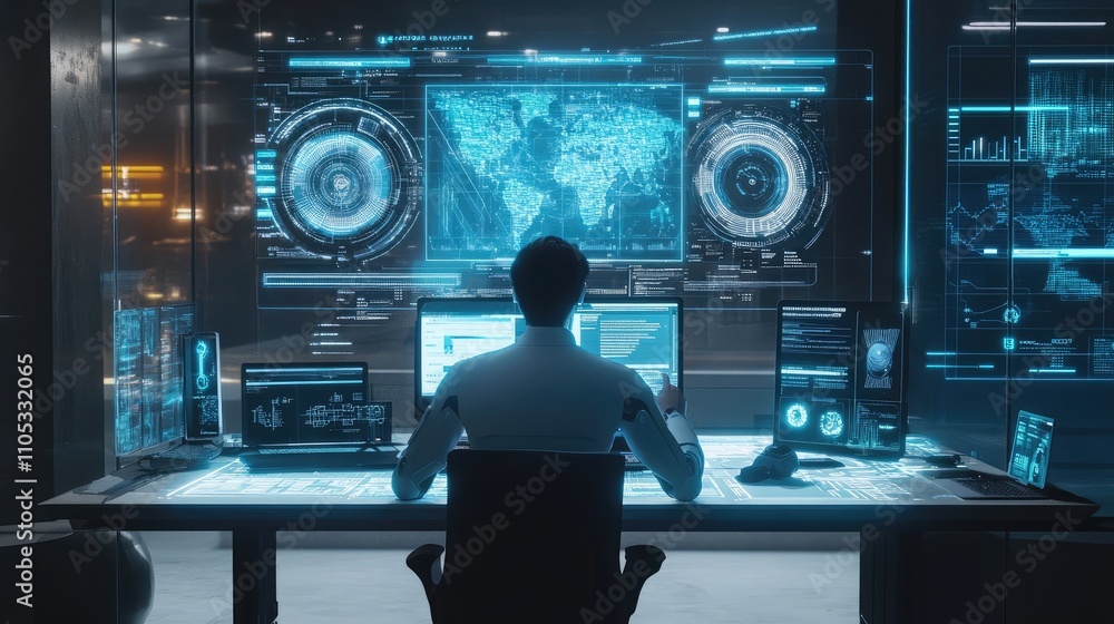 Poster smart robotic assistant interacting with holographic analytics and futuristic dashboards creative re