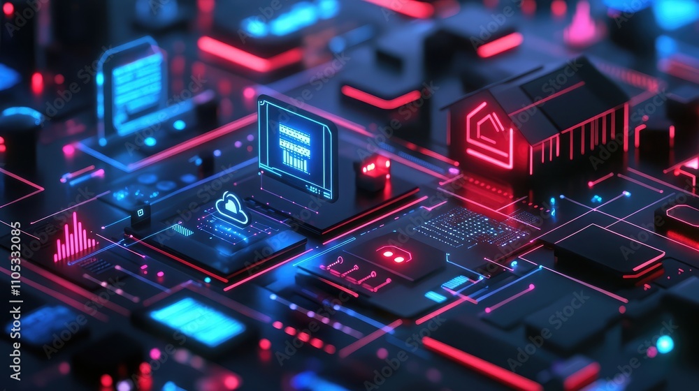 Poster smart home devices interconnected through an ai-powered system managing daily tasks visualization of