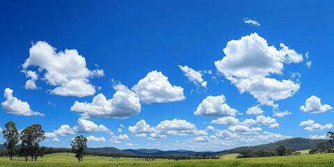 Obraz premium Scenic blue sky featuring white and grey clouds, complemented by rolling hills and trees in the background, showcasing the beauty of nature s landscape against a vibrant blue sky.
