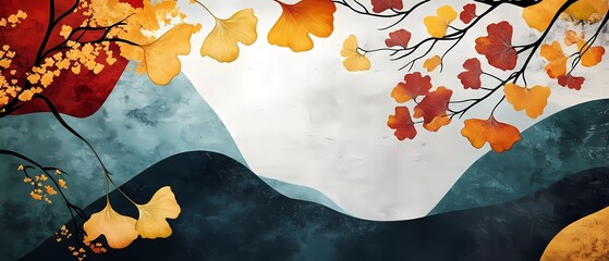 Abstract background with ginkgo leaves and deer in the sky, colorful patterns on a light blue, green, brown, and gray background, 