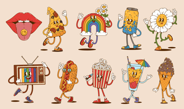 Cartoon retro groovy characters, soda can and pizza, ice cream and hot dog personages, tv and rainbow, popcorn and daisy flower, cocktail and woman lips. Vector funky, psychedelic, nostalgic y2k set