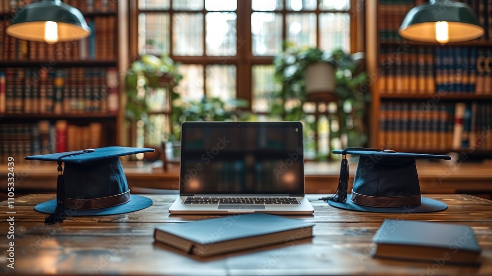 Poster A laptop on a desk with two academic hats on either side of it.