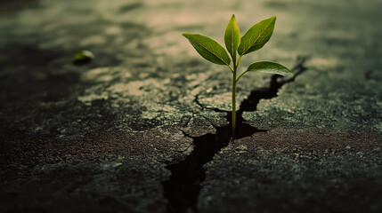 A sprout growing from a crack in the asphalt, symbolizing resilience and nature's ability to thrive in harsh conditions.