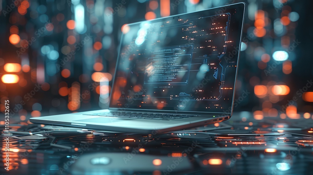 Poster a silver-gray laptop floating around is surrounded by holographic projection of science fiction tech