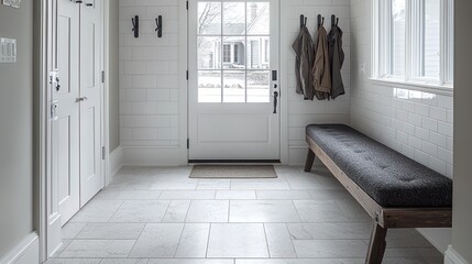 A farmhouse-inspired mudroom with antique hooks, walnut flooring, and marble tiles.