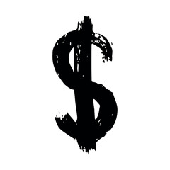 Hand drawn dollar currency symbol. Brush stroke doodle. Single element for design
