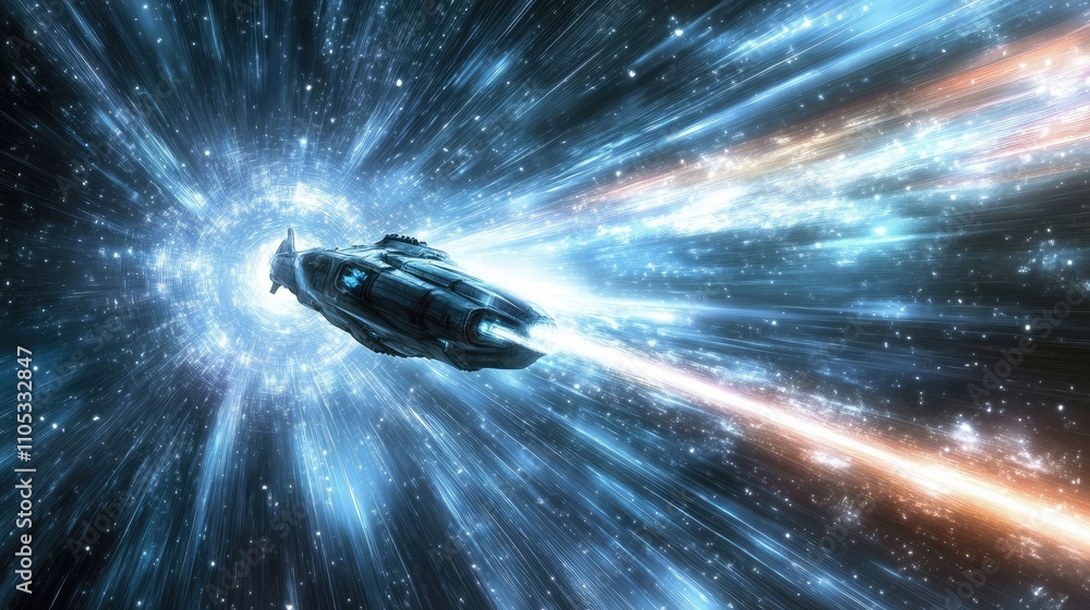 Poster spaceship emerging from a giant space portal with a trail of light