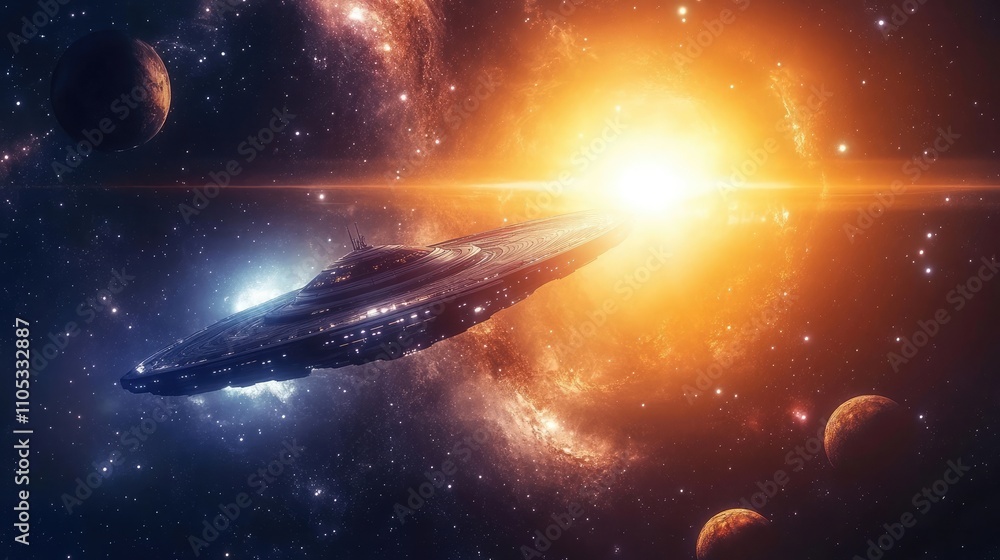 Aufkleber spaceship exploring a system of planets orbiting a bright star