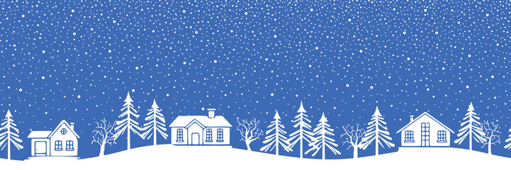 Minimalistic winter landscape, huts in the forest and snowfall, cartoon nature, seamless border, vector illustration