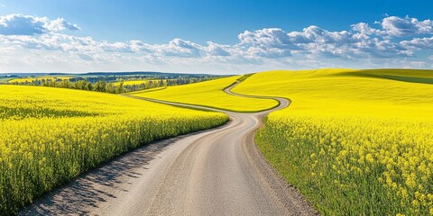 Scenic road winding through a vibrant canola field, showcasing the beauty of nature and the allure of road travel amidst blooming canola fields. Experience travel through canola fields.