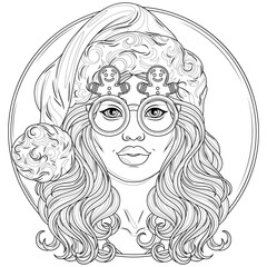 A woman wearing Christmas glasses and a Santa Claus hat.Coloring book antistress for children and adults. 