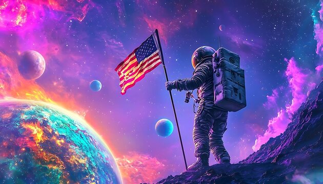 An astronaut proudly plants the American flag on a colorful, cosmic landscape filled with planets and vibrant nebulae.