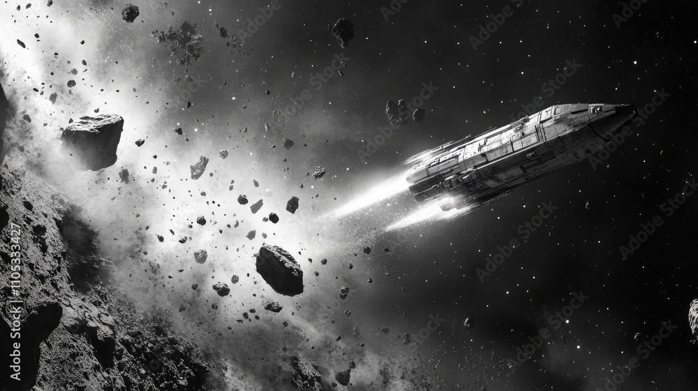 Poster spaceship on a collision course with a meteor, about to make evasive maneuvers