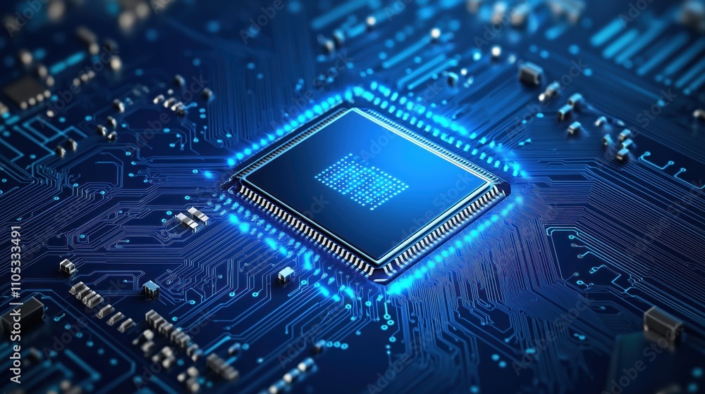 Poster close-up view of electronic circuit board. complex tech design with blue glowing lines. computer chi