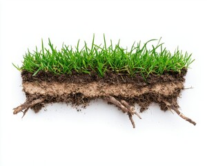 Cross-section of soil layers with grass and roots on white background