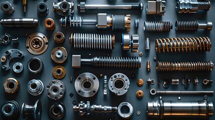 Motorcycle mechanical spare parts on black background. top view.