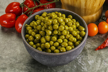 Sweet canned young green peas