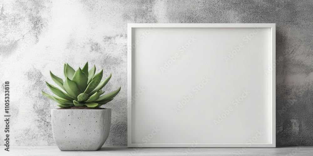 Poster White frame featuring space for text alongside a succulent displayed in a DIY concrete pot, creating a Scandinavian style room interior that enhances the decor with natural elements.