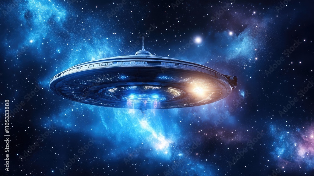Aufkleber spaceship with advanced shield technology activated, glowing in space