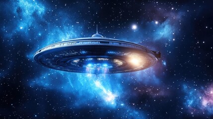 Obraz premium Spaceship with advanced shield technology activated, glowing in space