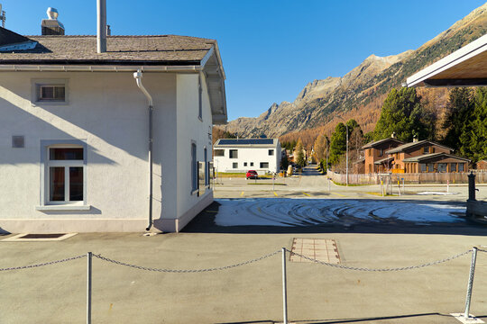 Scenic view of Swiss mountain village of Bever at Engadin Valley on a sunny autumn day. Photo taken November 15th, 2024, Bever, Switzerland.