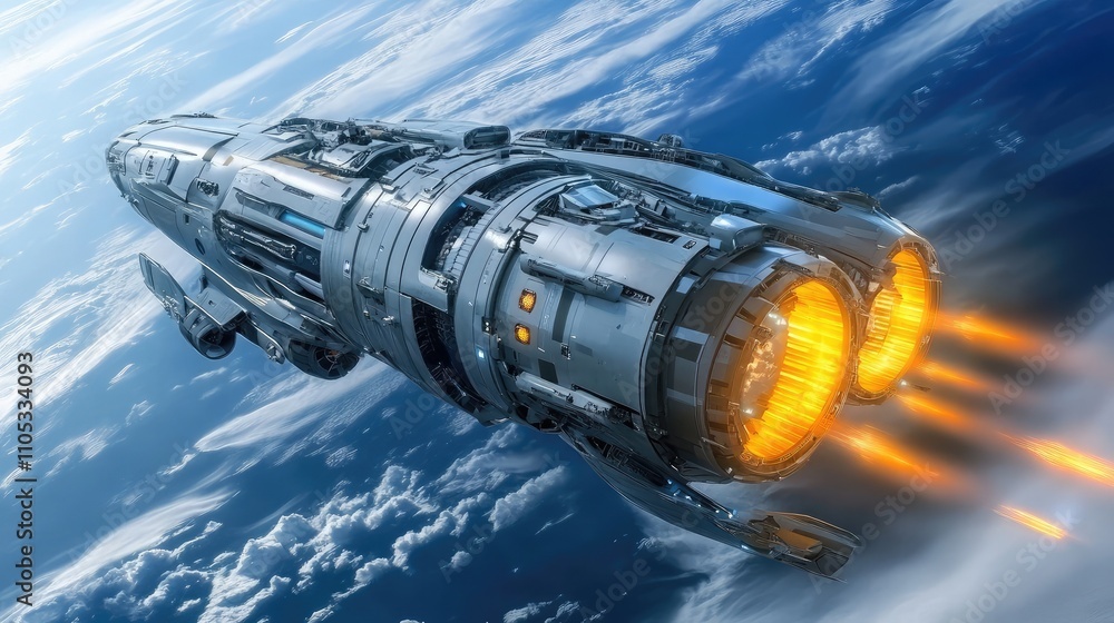 Poster spaceship with large, glowing engine hovering over an alien ocean
