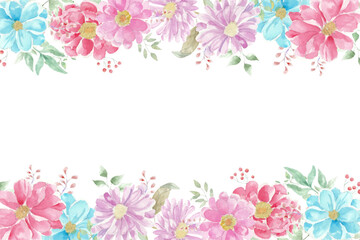 Watercolor flowers background for design. Floral border frame card template.