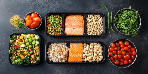 Top view of a nutrition food layout for effective meal planning, highlighting various ingredients designed for balanced nutrition and thoughtful meal planning choices.